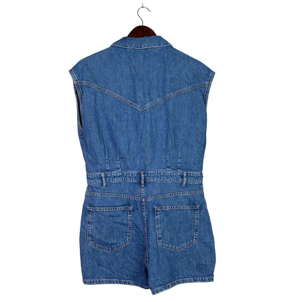 Zara Sleeveless Collard Button Denim Short Jean Shorts Romper L Dark Wash Blue - Picture 5 of 15